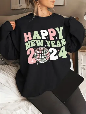 2024 New Year Celebration: Happy New Year Print Sweatshirt - Cozy Crew Neck Long Sleeve for Women