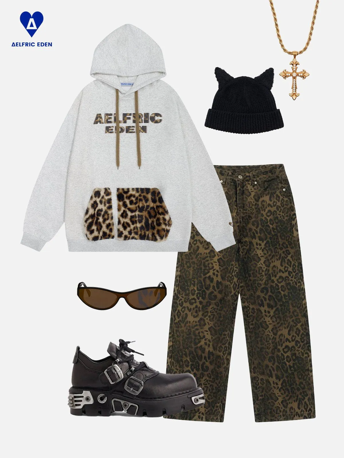 Aelfric Eden Leopard Print Patchwork Hoodie