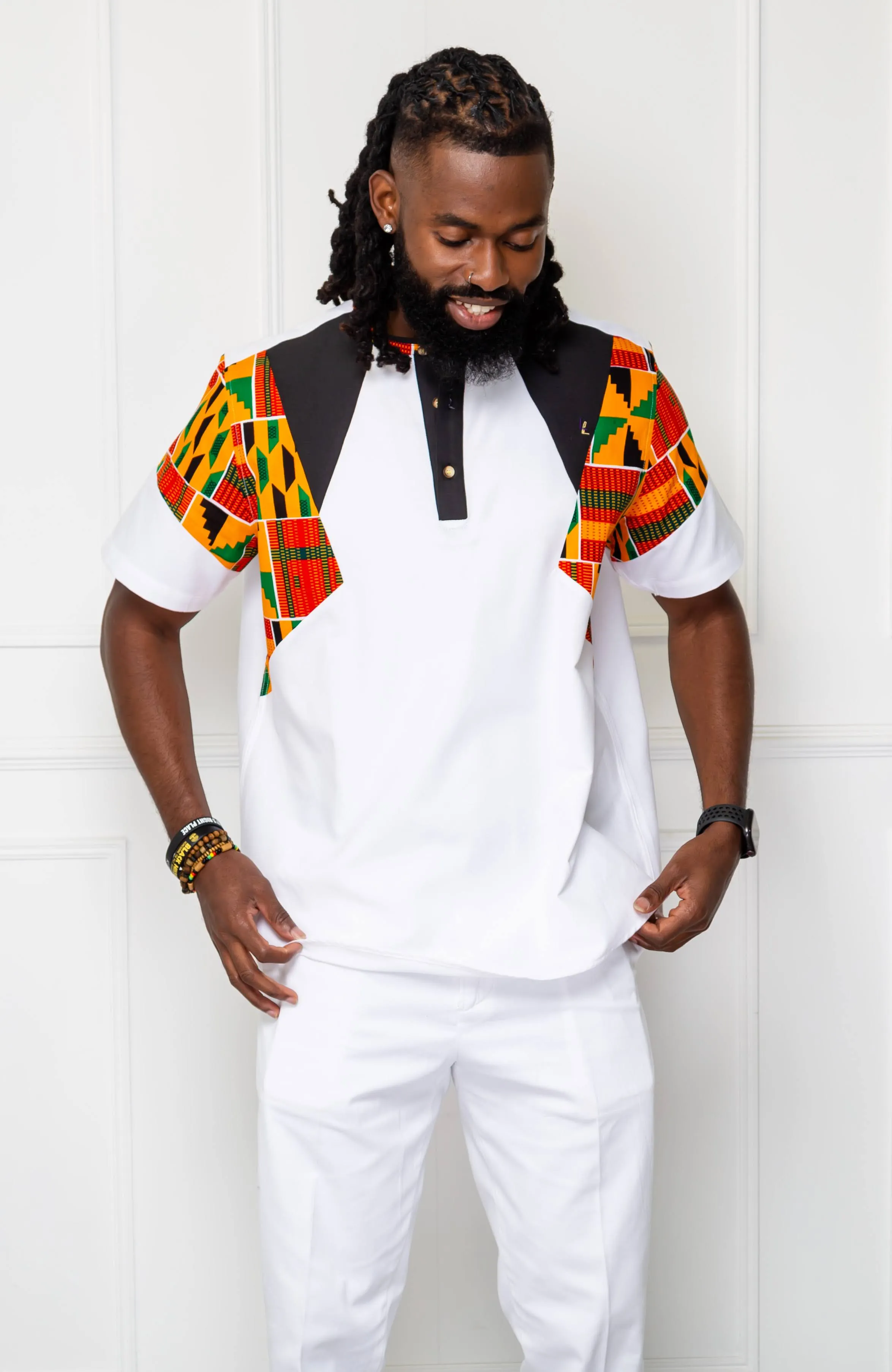 African Print Polo Shirt for Men | Kente Shirt for Men - Short Sleeve Asymmetric Shirt - KENDRICK