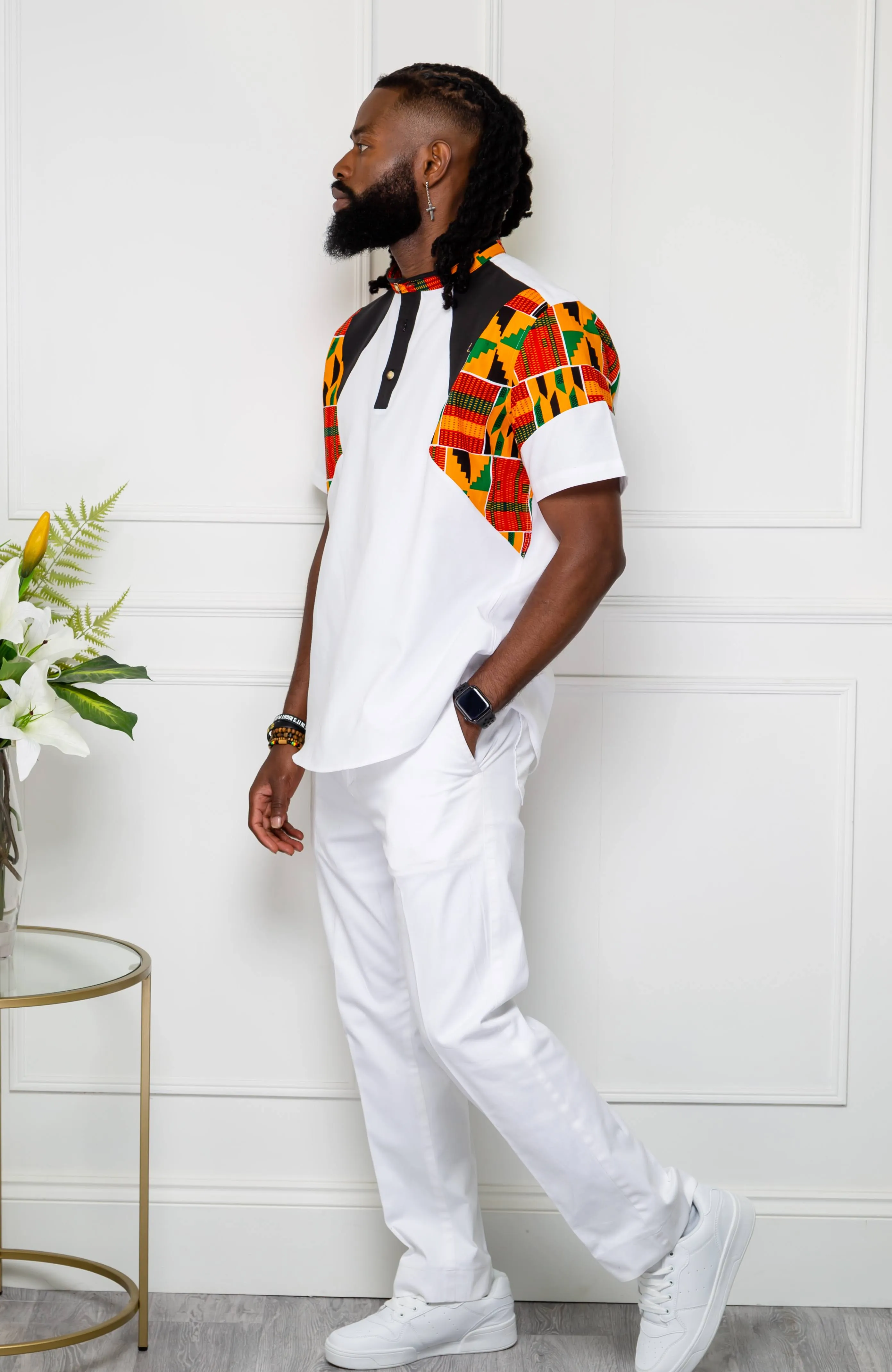 African Print Polo Shirt for Men | Kente Shirt for Men - Short Sleeve Asymmetric Shirt - KENDRICK