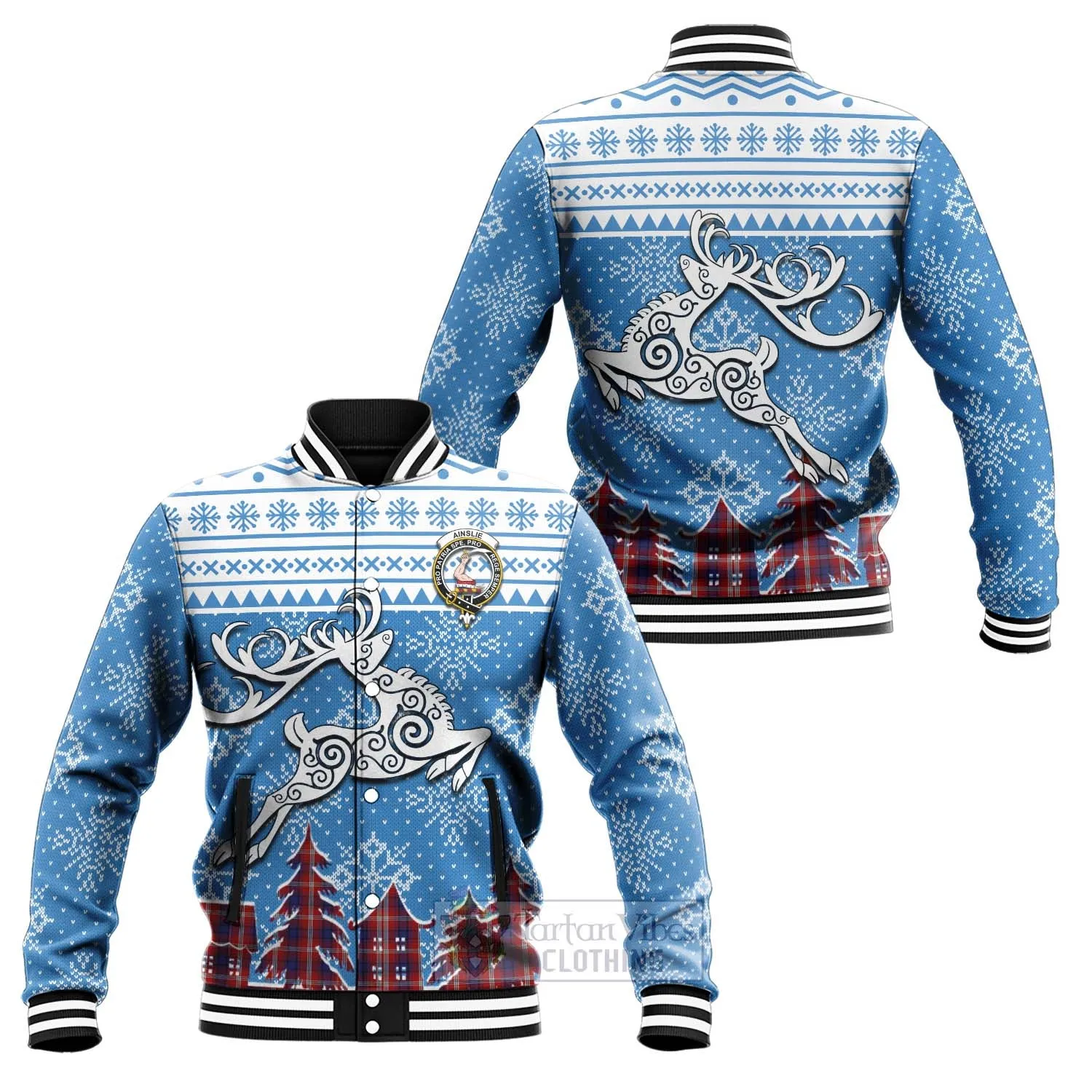 Ainslie Clan Christmas Baseball Jacket Celtic Reindeer Style