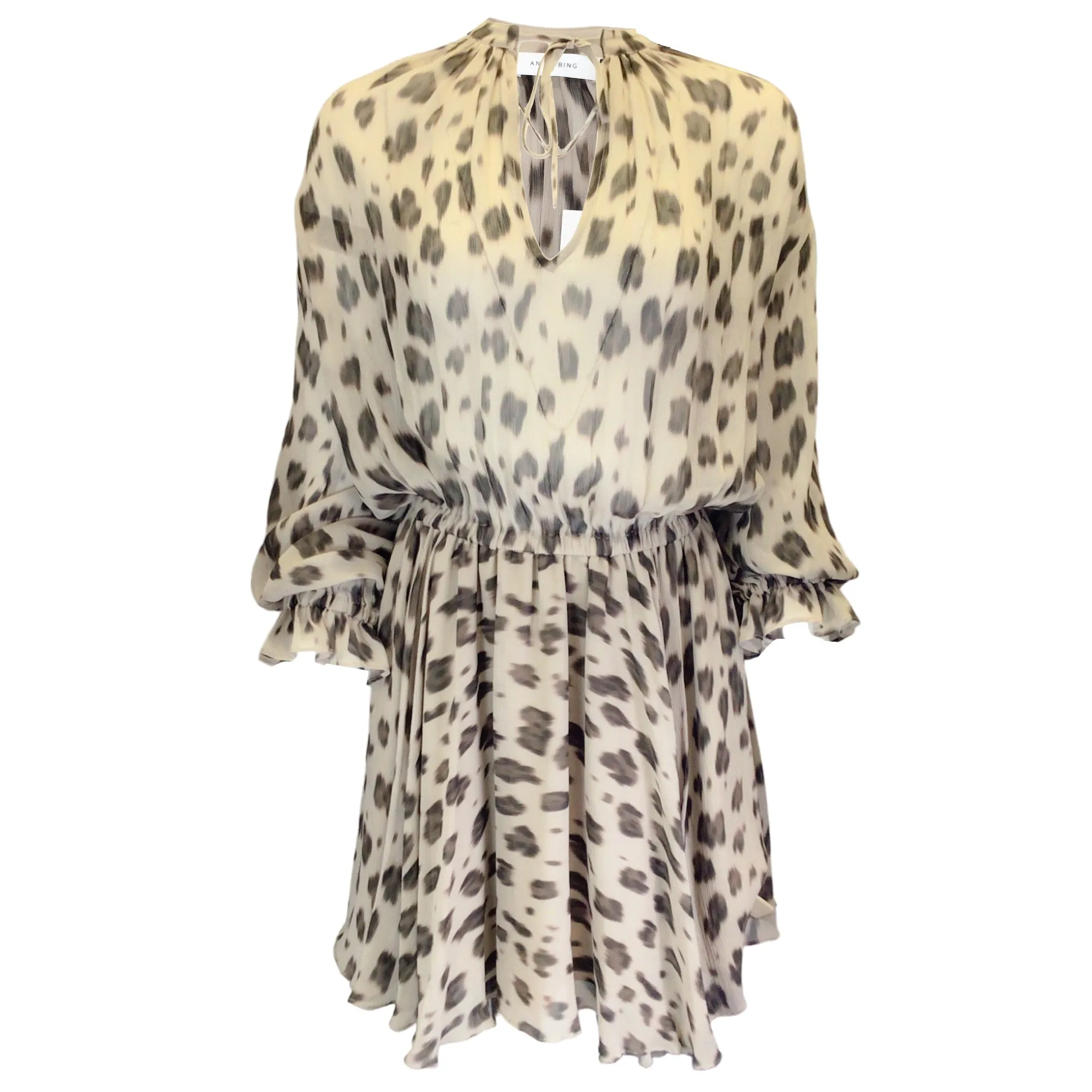 Anine Bing Beige Multi Elliana Leopard Print Long Sleeved Silk Chiffon Dress