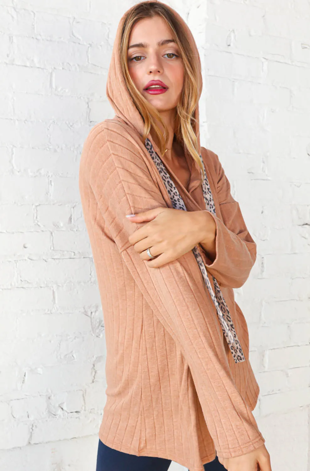 Beige Rib Knit Leopard Print Drawstring Hoodie (dropship)