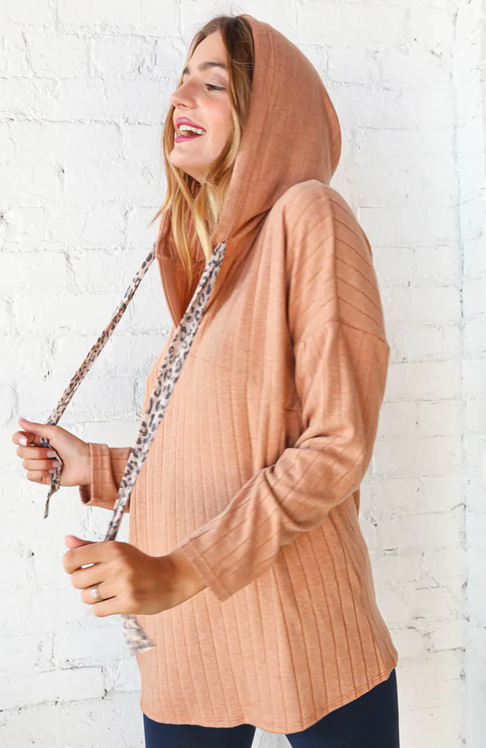 Beige Rib Knit Leopard Print Drawstring Hoodie (dropship)