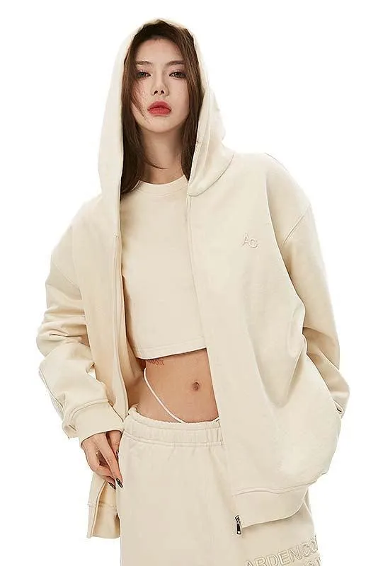 Beige Unisex Embroidery Zipper Hoodie