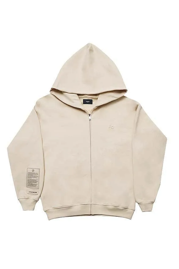 Beige Unisex Embroidery Zipper Hoodie