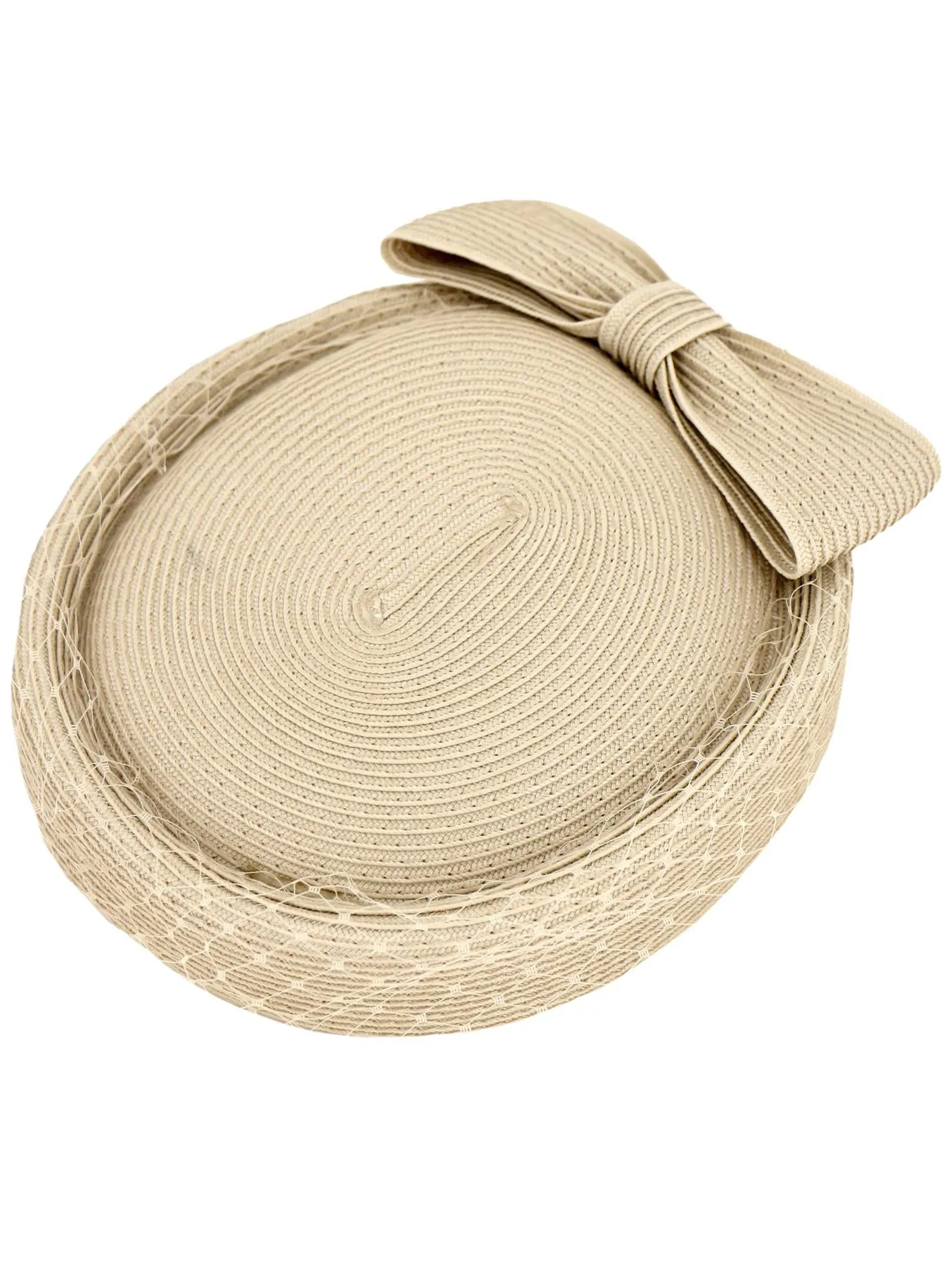 Beige Woven Bow Vintage Style Pillbox Hat