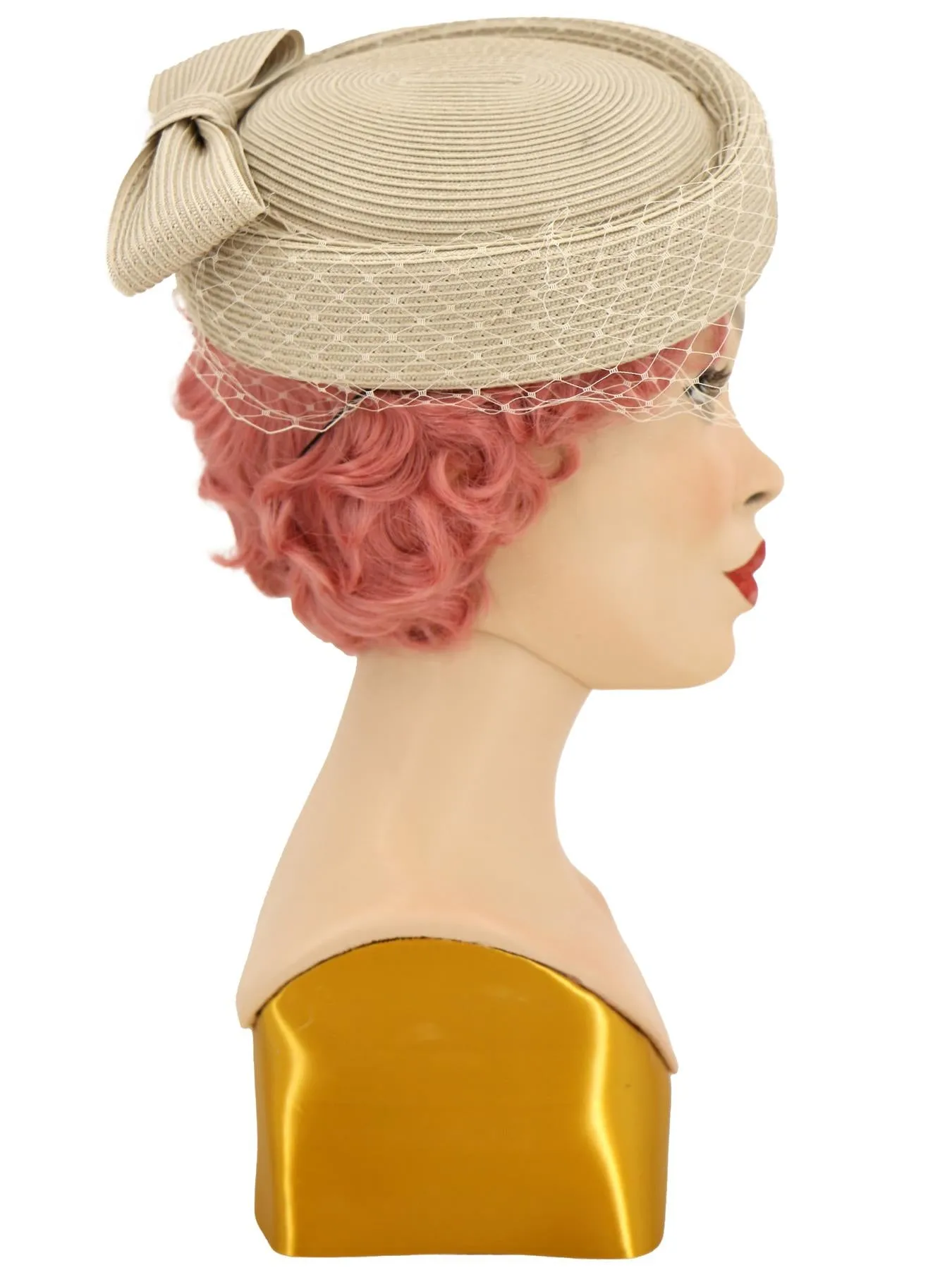 Beige Woven Bow Vintage Style Pillbox Hat