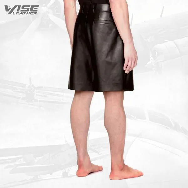 Bermuda Style Black Leather Mens Shorts for Winter