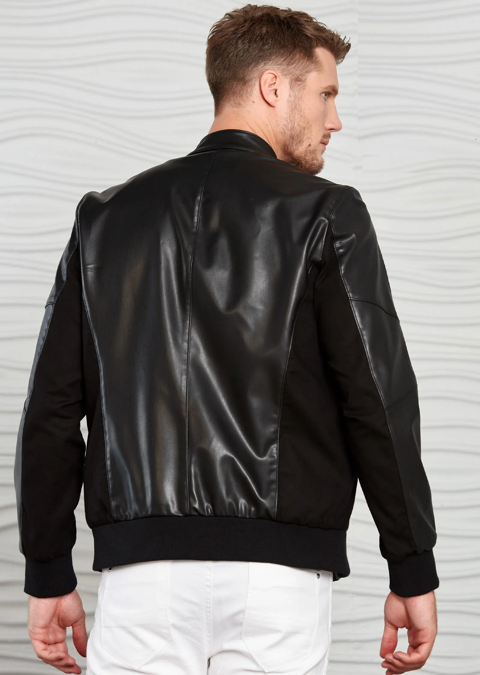 Black Band Collar Pu Leather Jacket