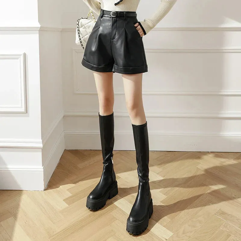 Black Leather Fashion PU Short Boot for Autumn Winter