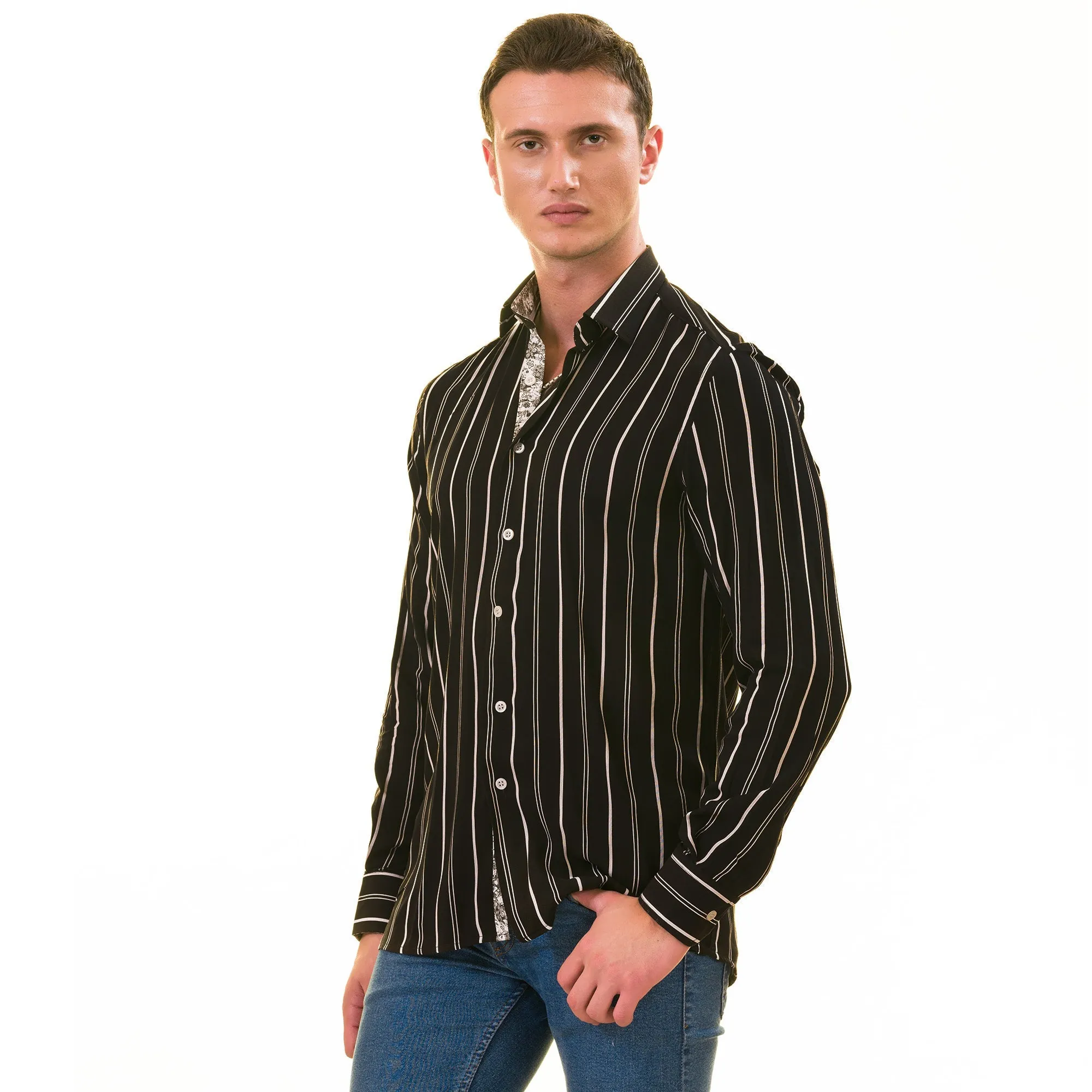 Black Striped Slim Fit French Cuff Shirt - Tailored Elegance