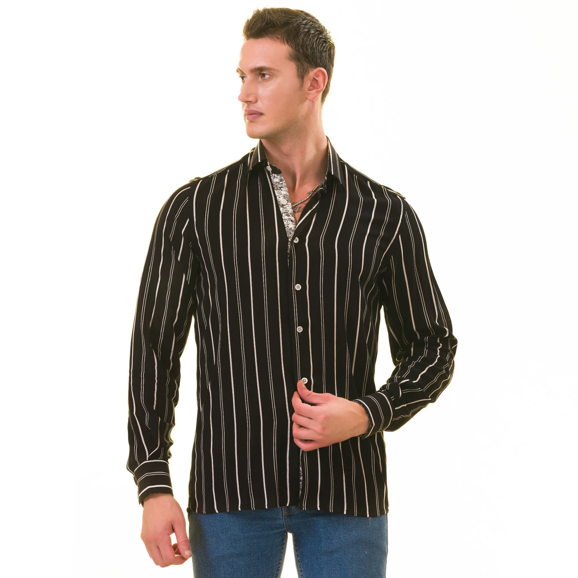 Black Striped Slim Fit French Cuff Shirt - Tailored Elegance