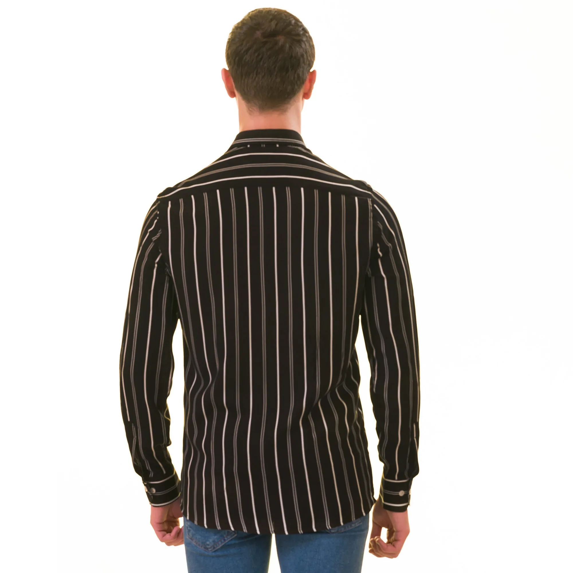 Black Striped Slim Fit French Cuff Shirt - Tailored Elegance