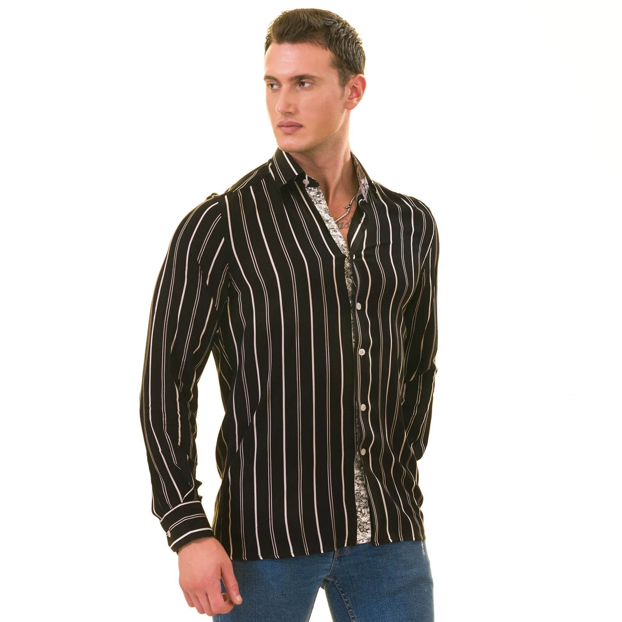 Black Striped Slim Fit French Cuff Shirt - Tailored Elegance