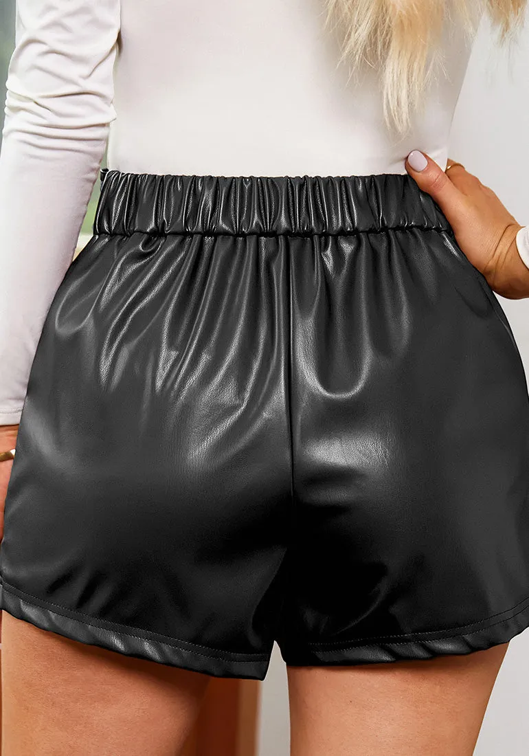 Black Women's High Waist Wide Leg Stretch Belted Shorts PU Leather Pants