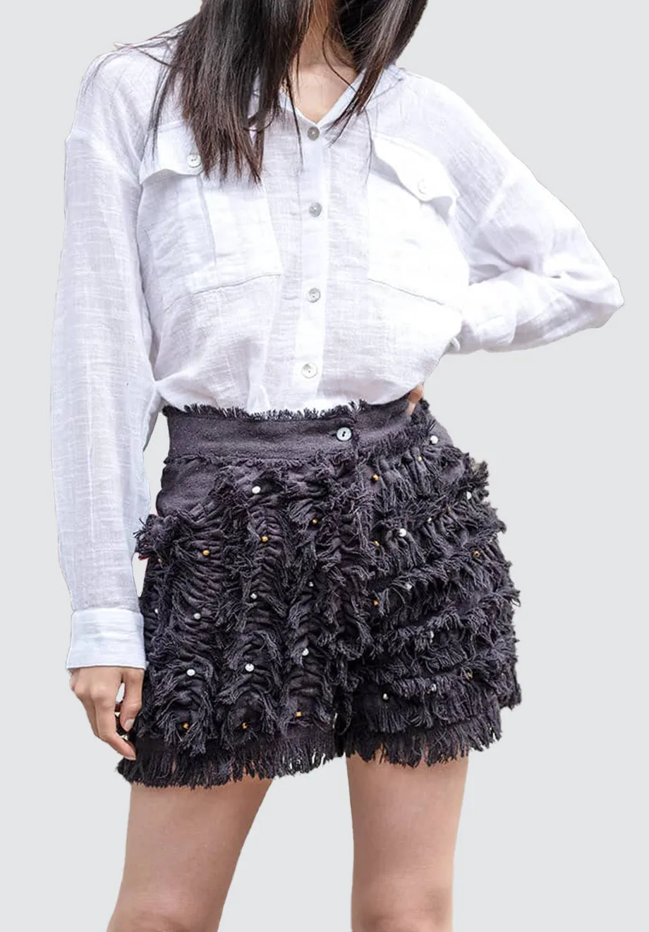 Blackish Gray Fringe Short 100% Silk