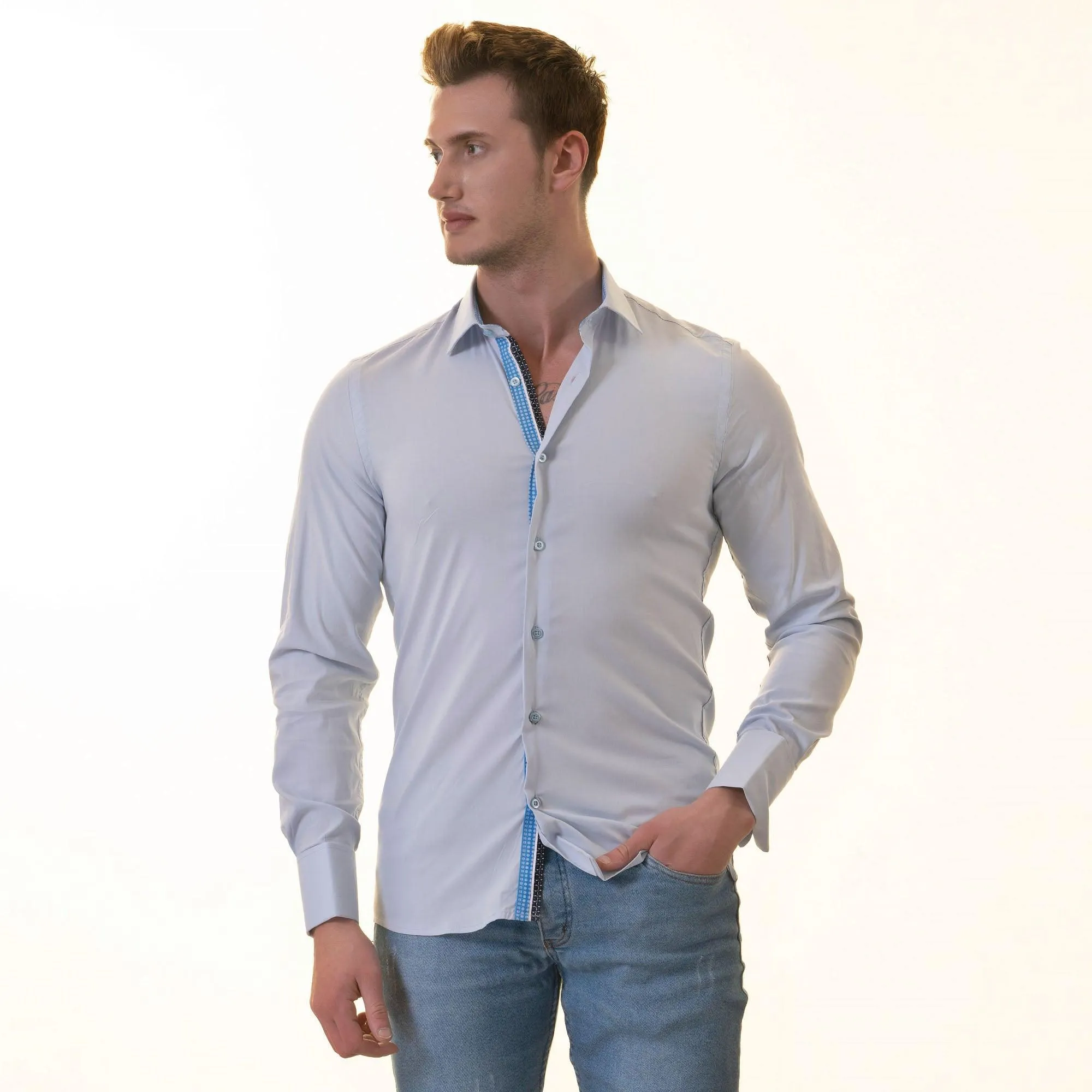 Blue Polka Dot Slim Fit French Cuff Shirt