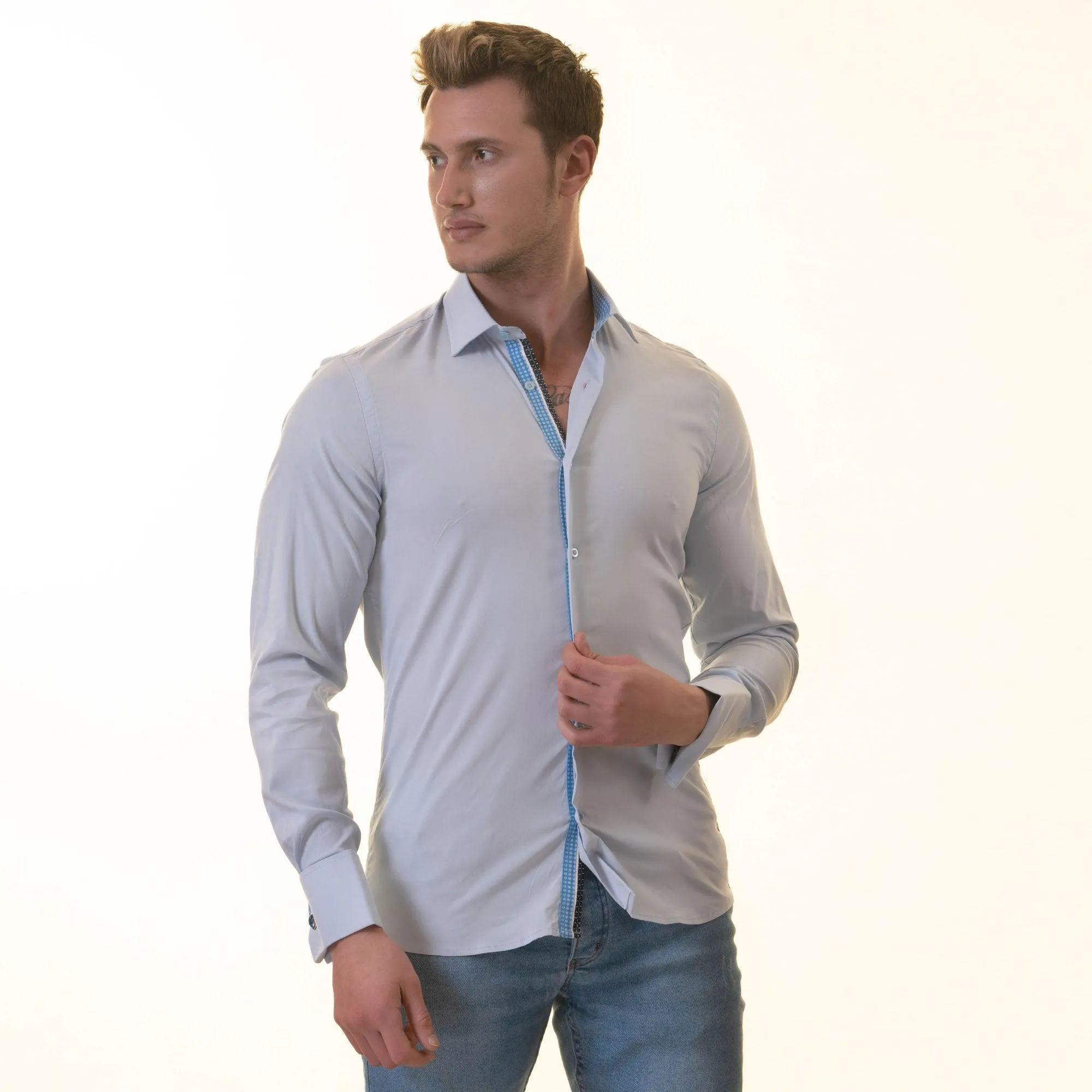 Blue Polka Dot Slim Fit French Cuff Shirt