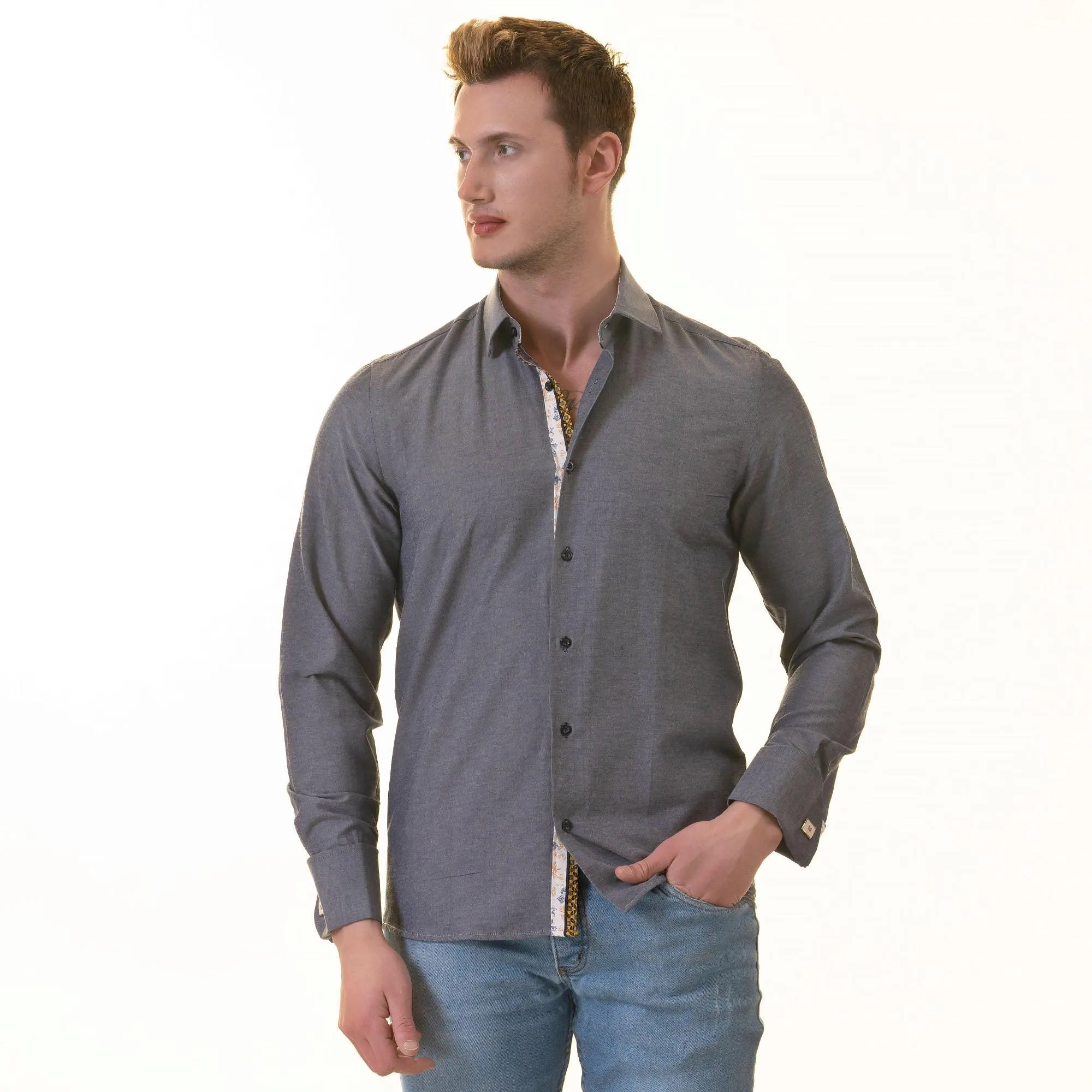 Bluish BlossomTone Slim Fit French Cuff Shirt