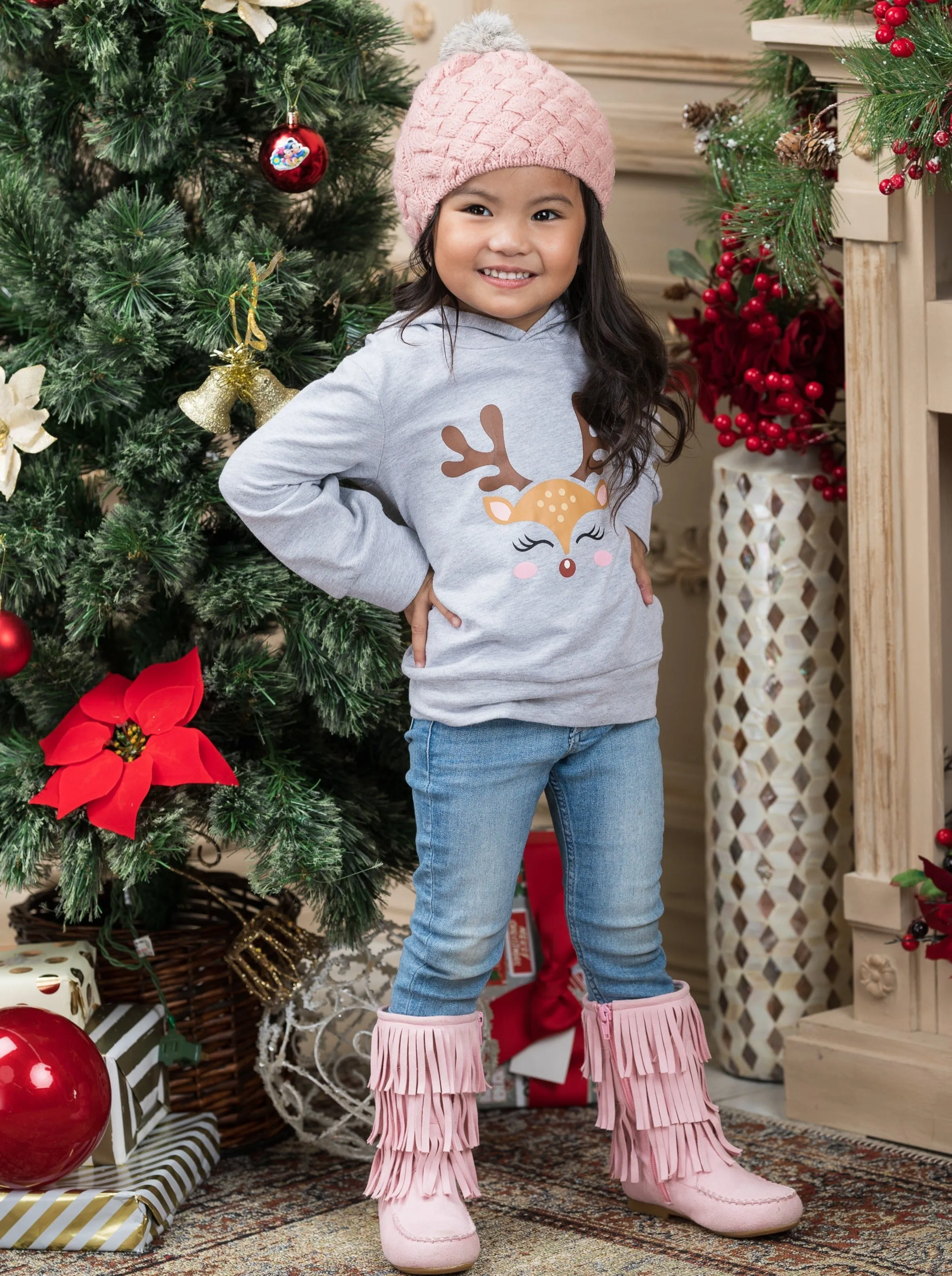 Blushing Reindeer Long Sleeve Hooded Top