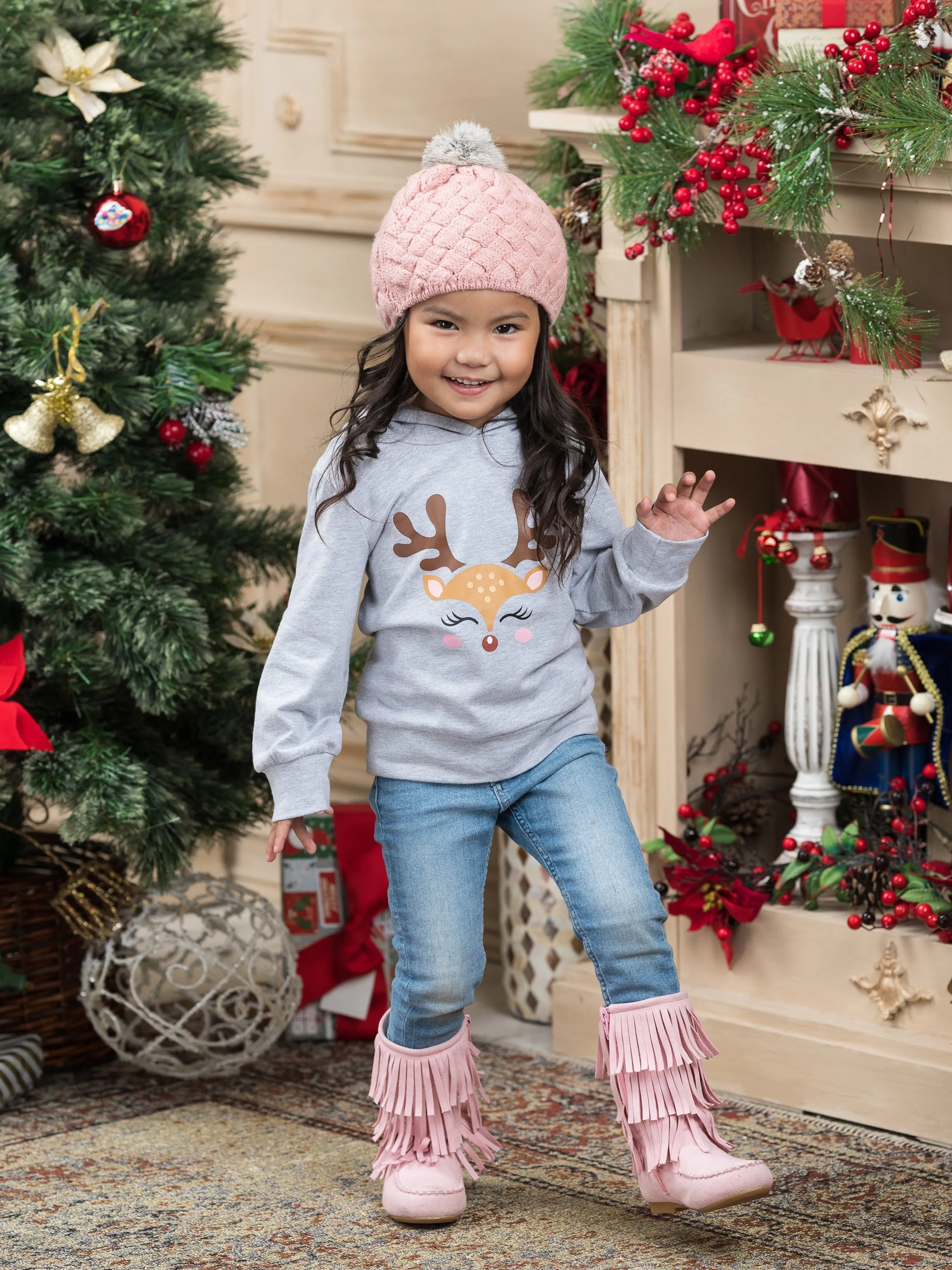 Blushing Reindeer Long Sleeve Hooded Top