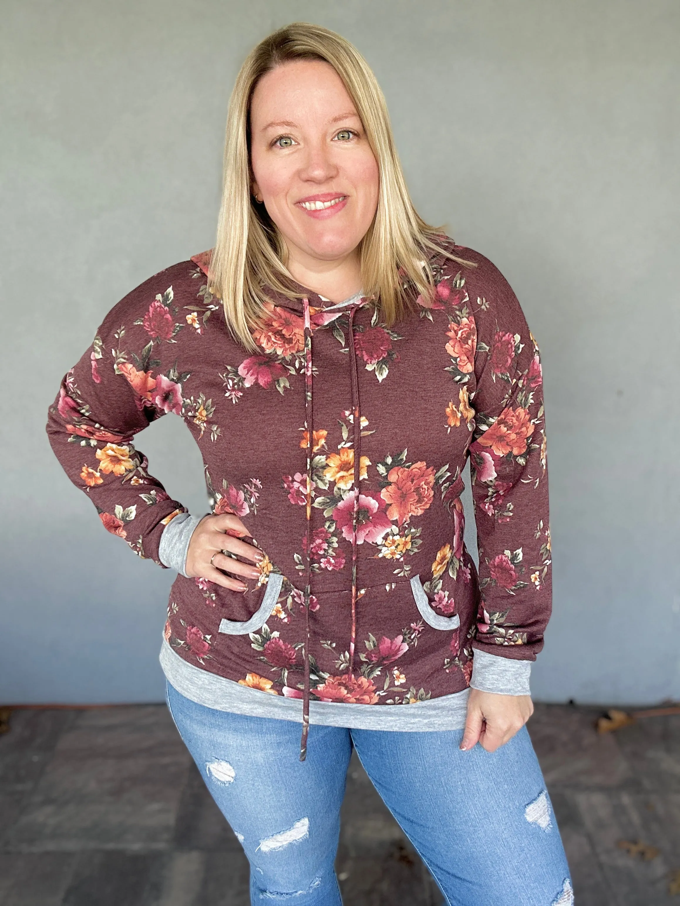 Burgundy Floral Lightweight Hoodie - PLUS