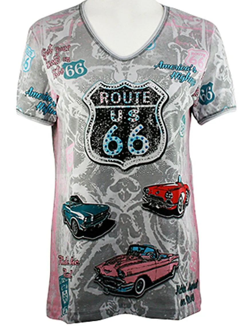 Cactus Bay Apparel - America's Highway, Short Sleeve V-Neck Rhinestone Cotton Top