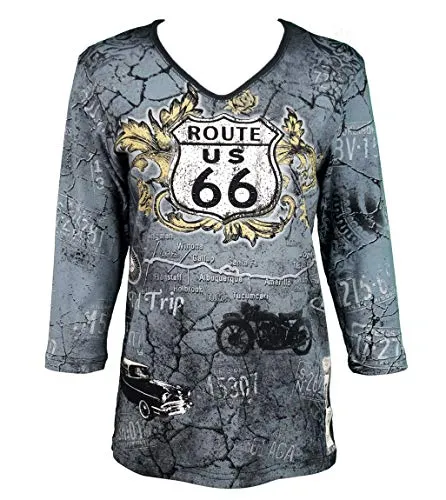 Cactus Bay - Vintage Route 66, 3/4 Sleeve, V-Neck Rt. 66 Theme Casual Cotton Top