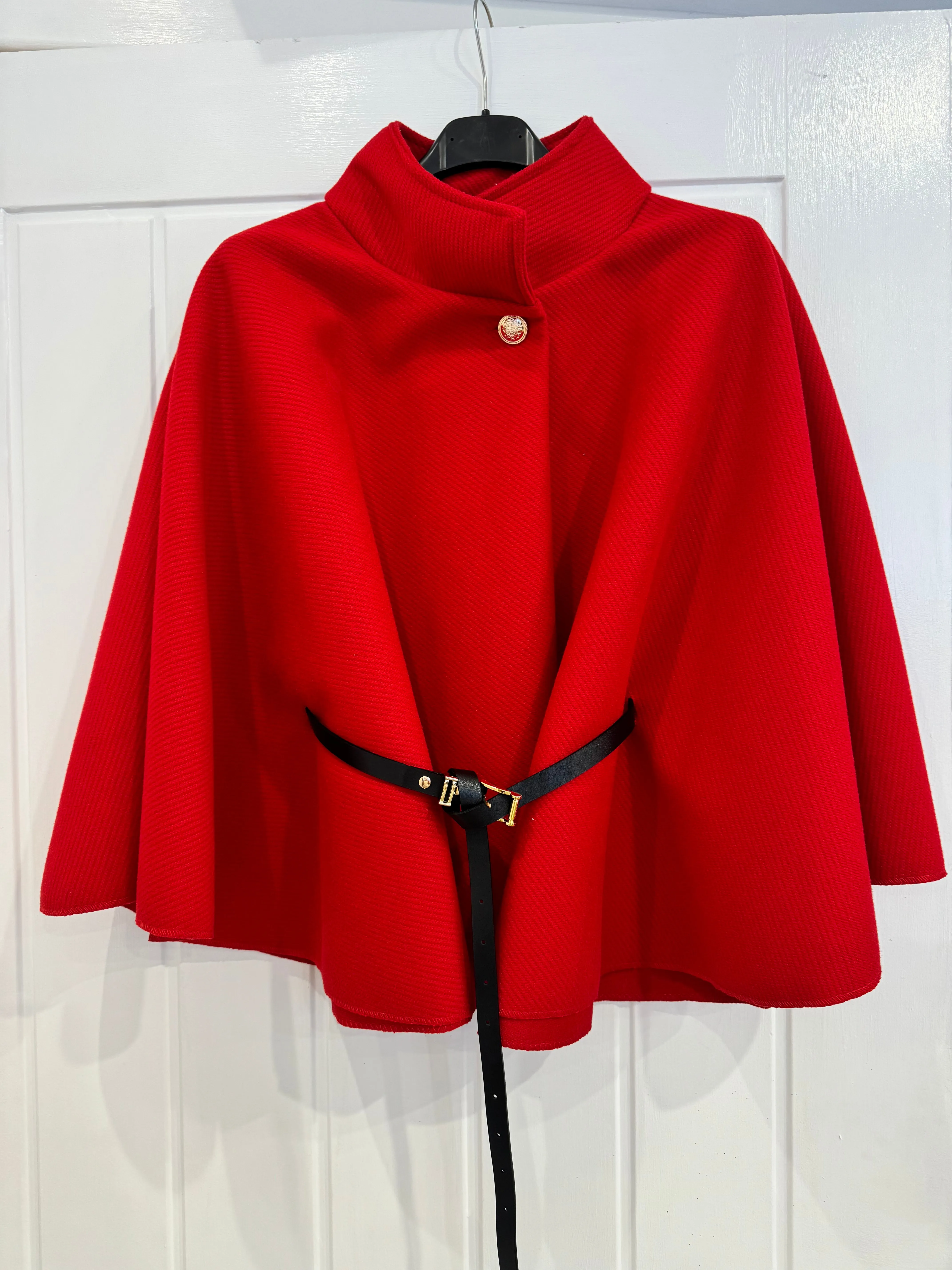 Cape jacket with belt and button one size fits 6-16 wine, black, red, cream