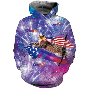 Cat Rocket American Flag Funny Hoodie