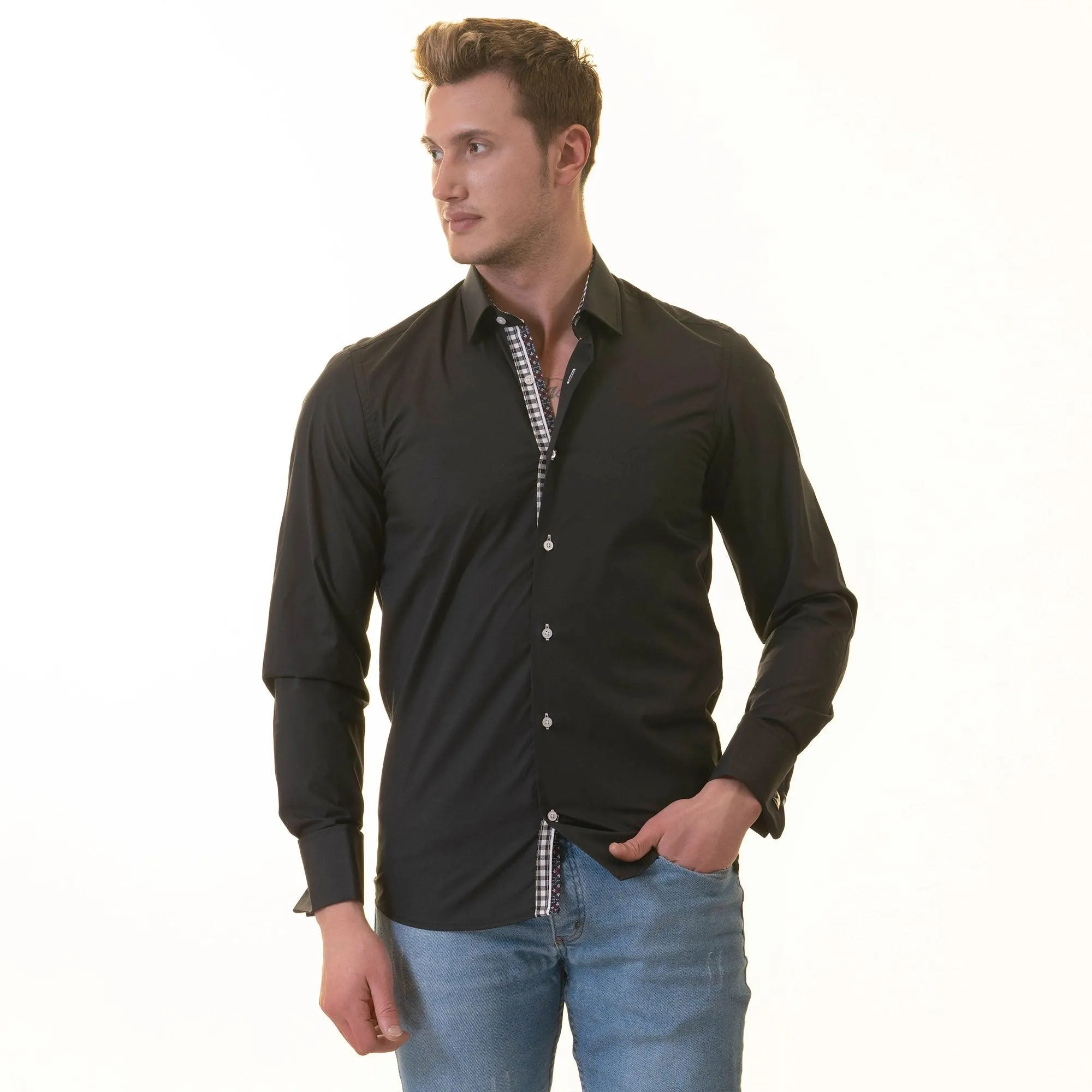 Checkered Black Slim Fit French Cuff Shirt