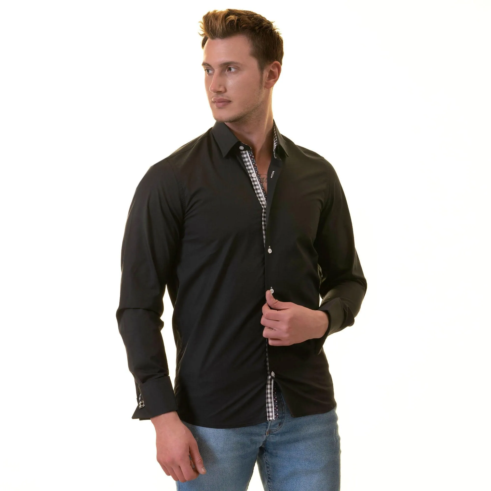 Checkered Black Slim Fit French Cuff Shirt