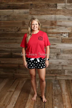 Christmas Pajamas - Red Shirt - Black Polka Dot Shorts