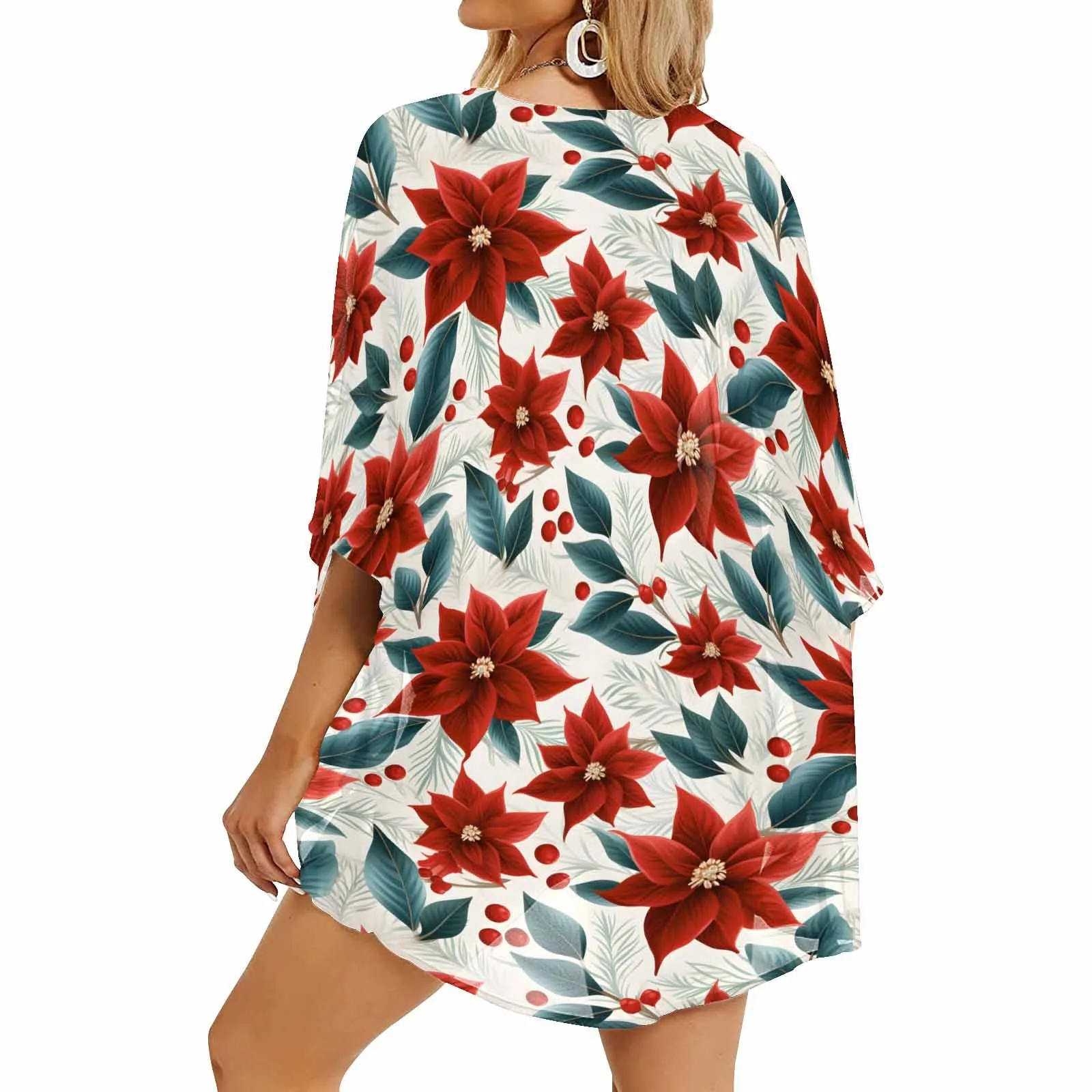 Christmas Red Poinsettia  Women's Kimono Chiffon Cover Up