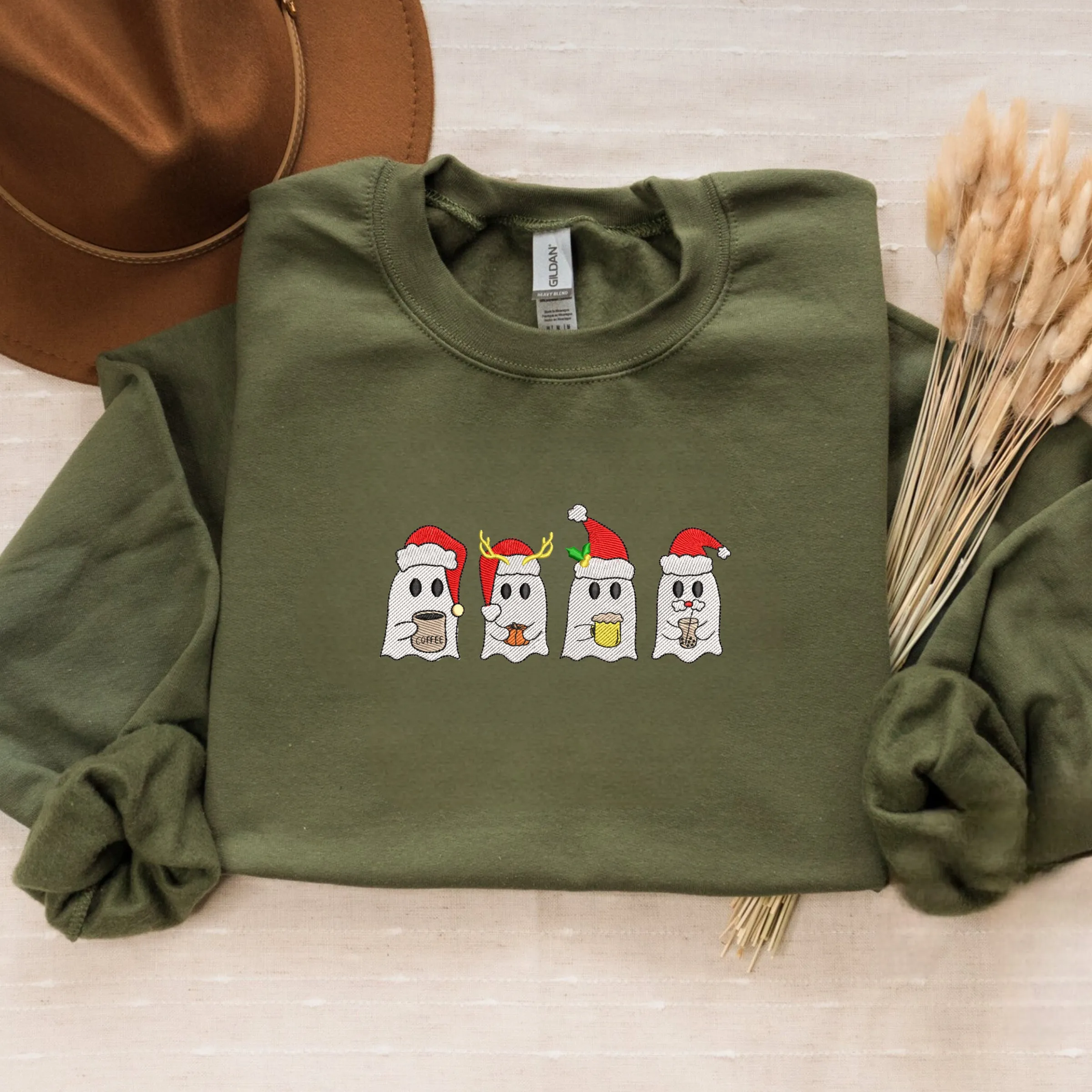 Coffee Ghost Christmas Sweatshirt Embroidered, Little Ghost Santa Raindeer Crewneck or Hoodie