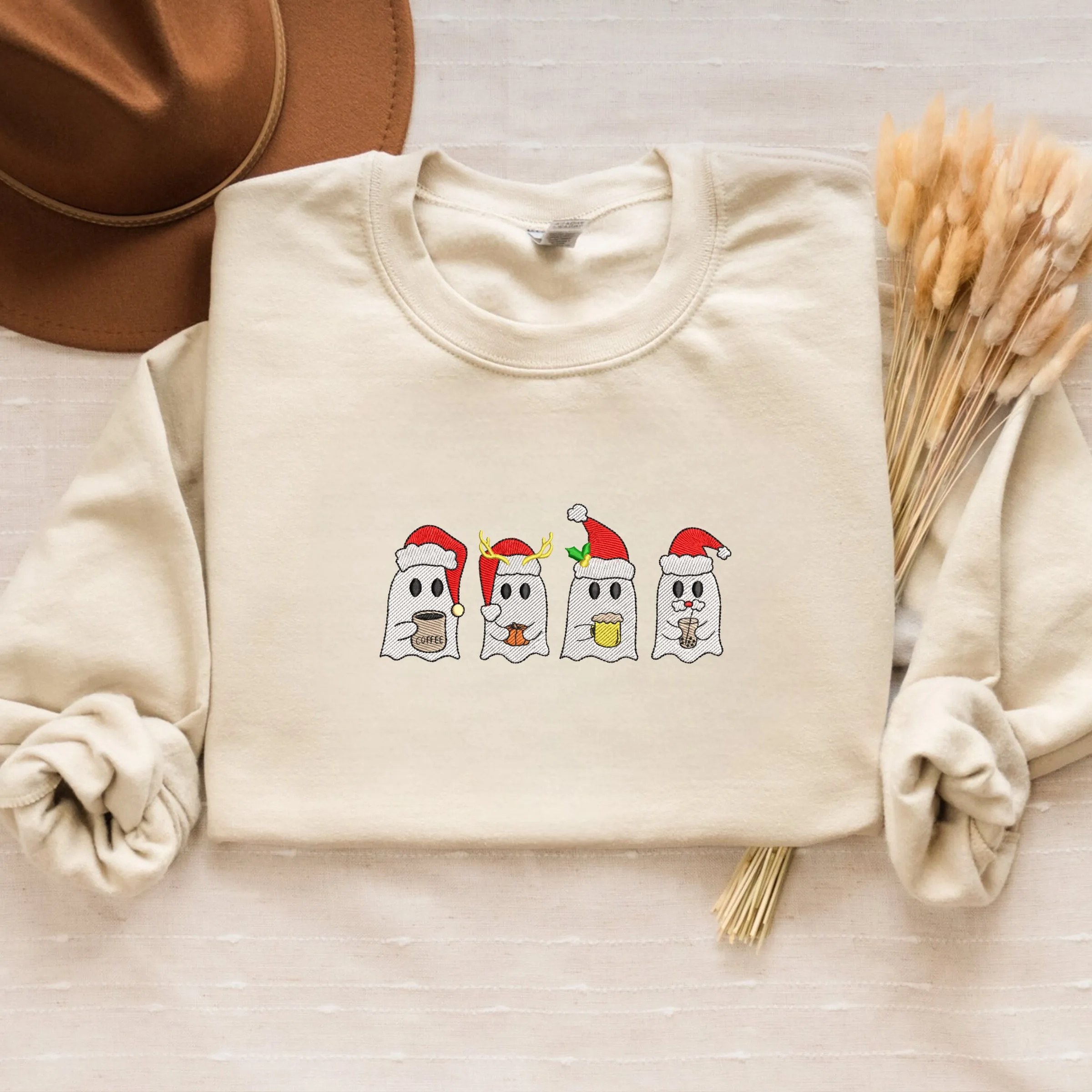 Coffee Ghost Christmas Sweatshirt Embroidered, Little Ghost Santa Raindeer Crewneck or Hoodie