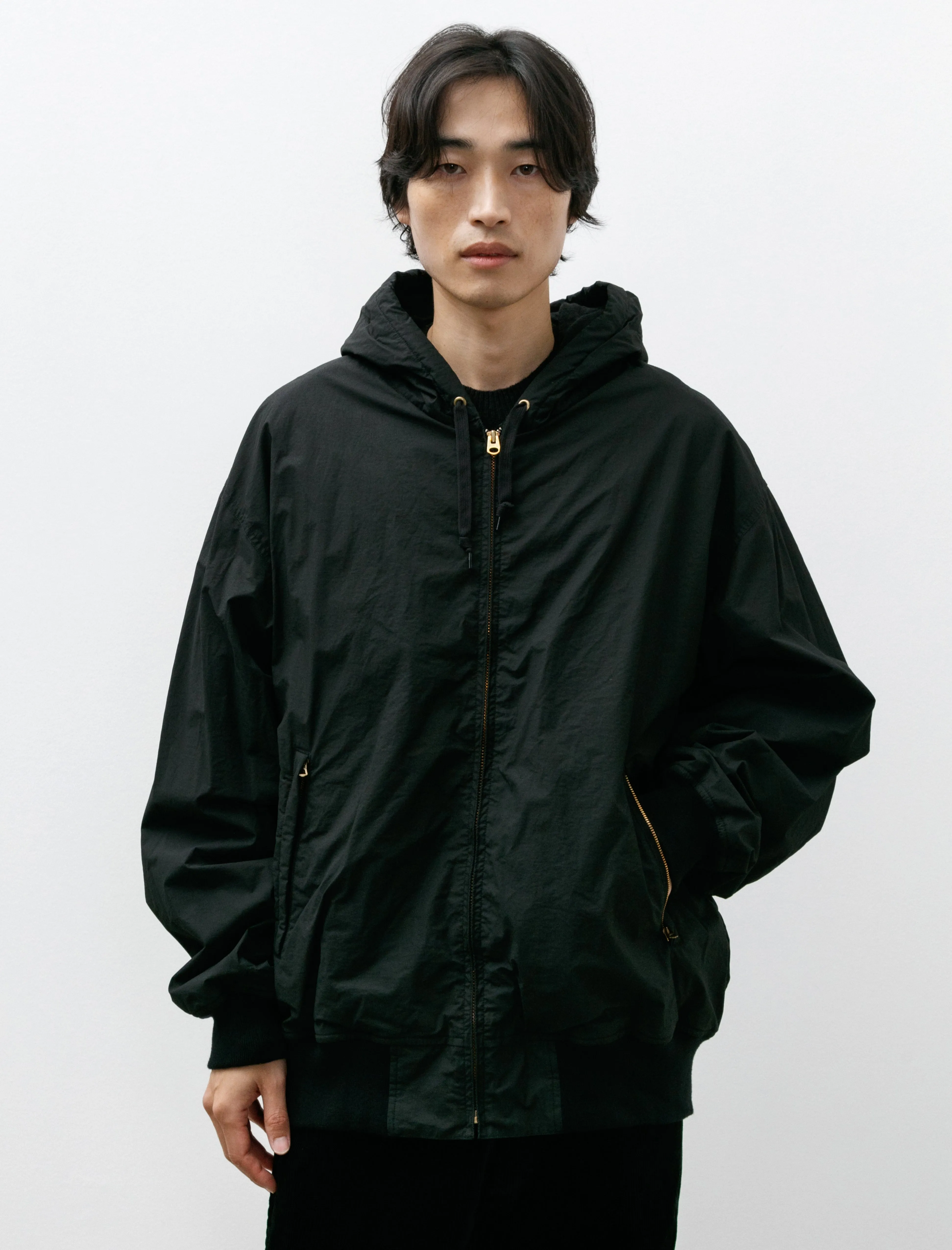 Cotton Nylon Zip-Up Parka Black