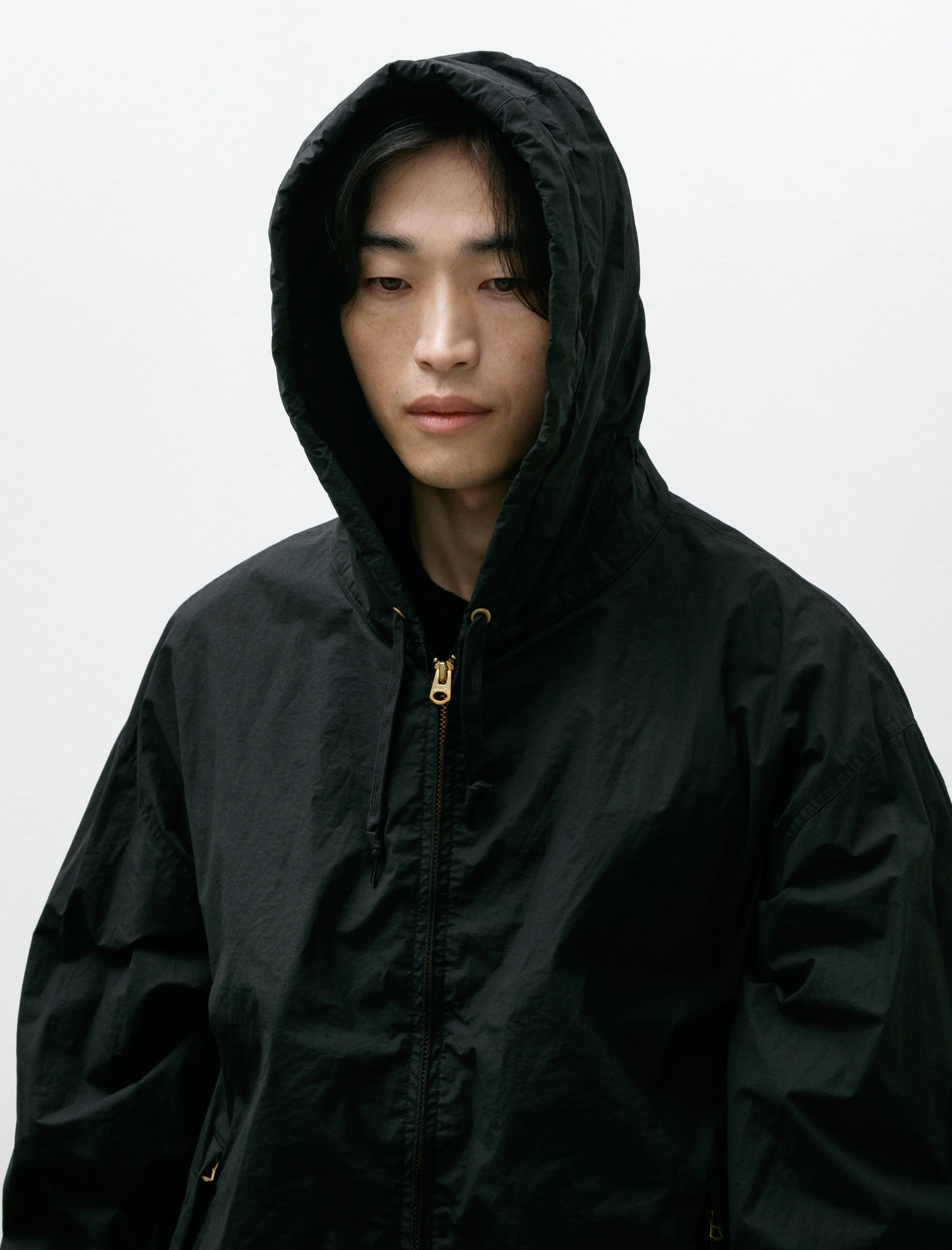 Cotton Nylon Zip-Up Parka Black