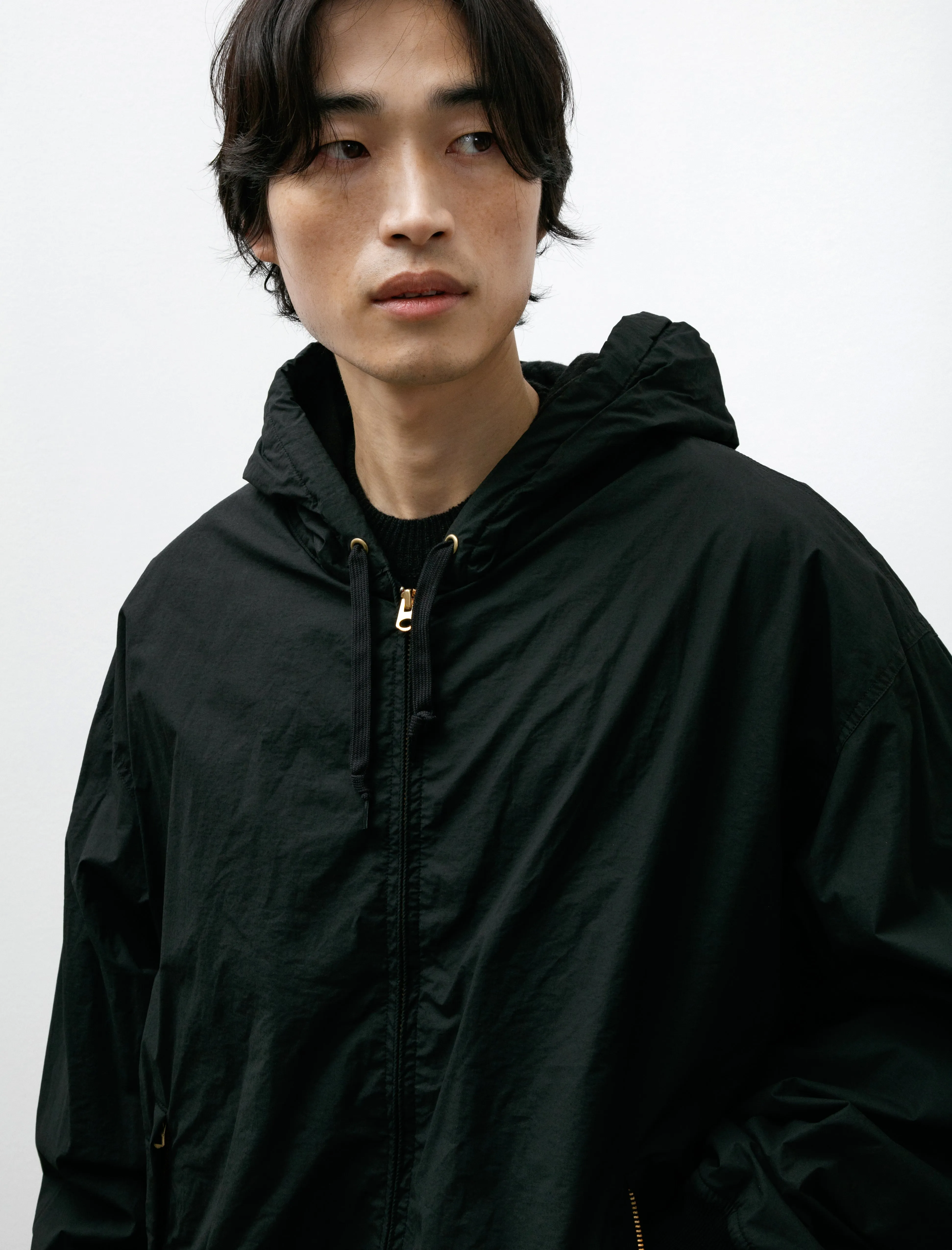 Cotton Nylon Zip-Up Parka Black