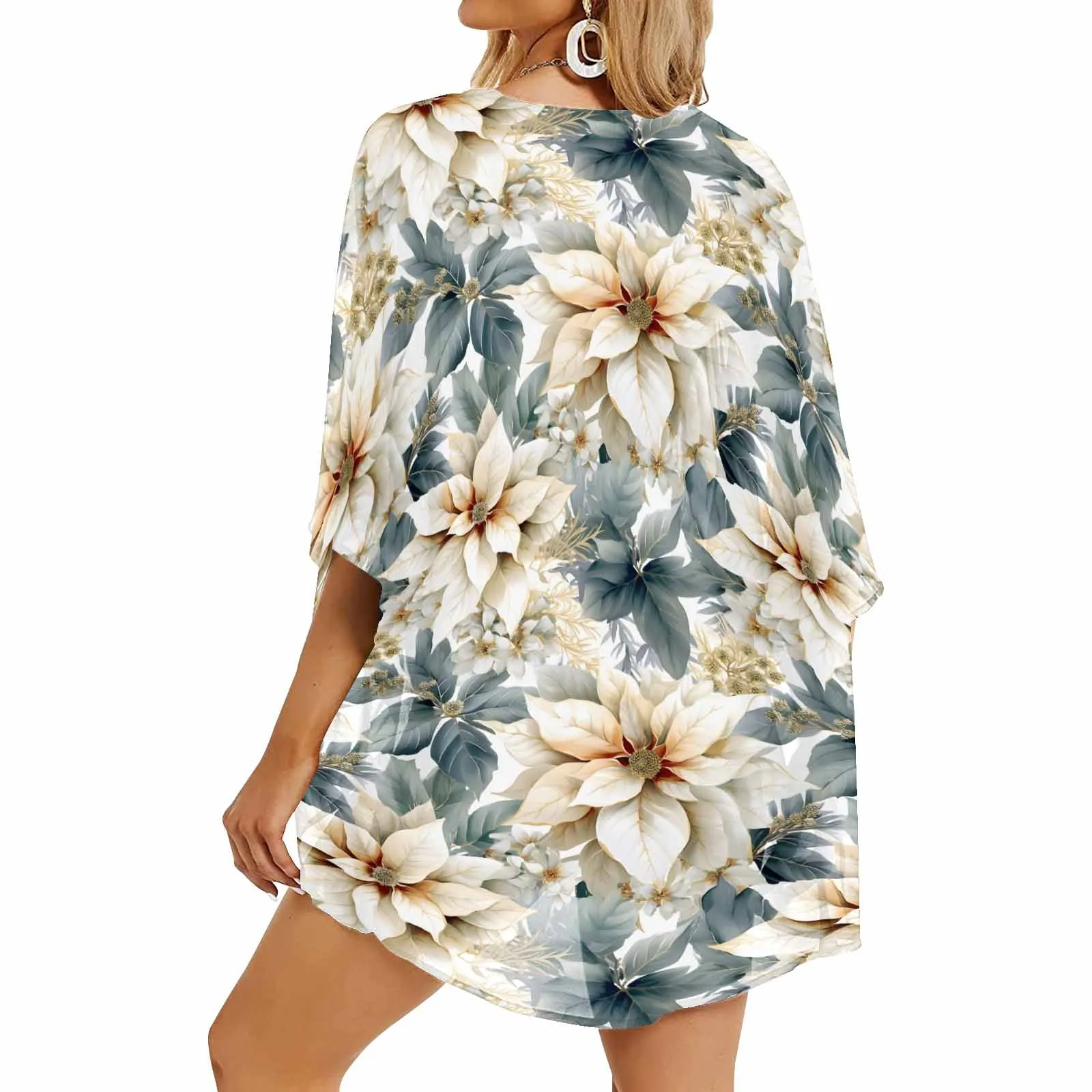 Cream Poinsettia Women's Kimono Chiffon Cover Up