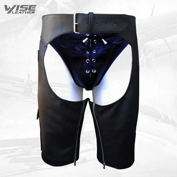 Custom Men's Leather Chaps Shorts with Buckle Front and Side Pocket