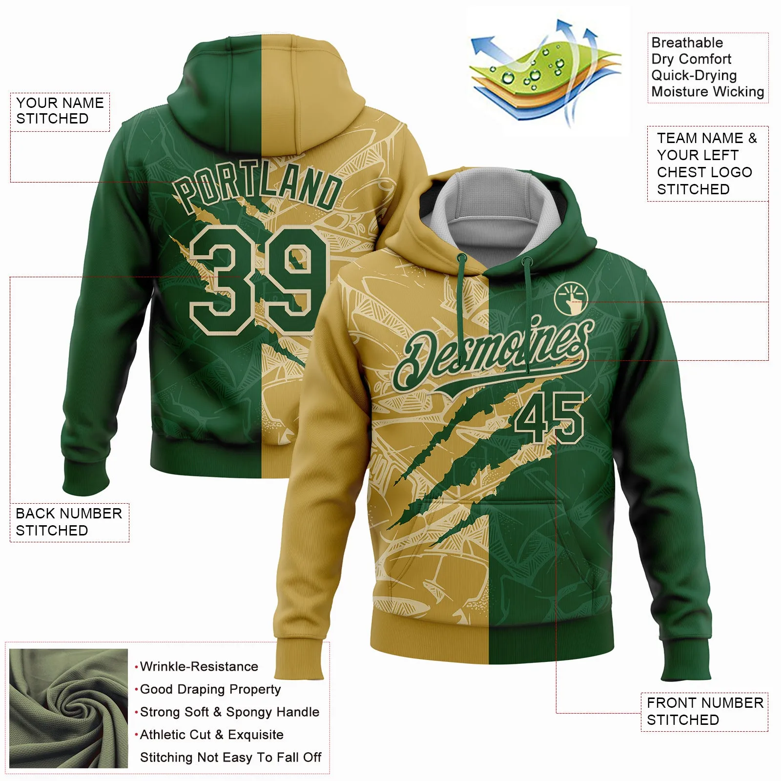 Custom Stitched Graffiti Pattern Green Old Gold-Cream 3D Scratch Sports Pullover Sweatshirt Hoodie