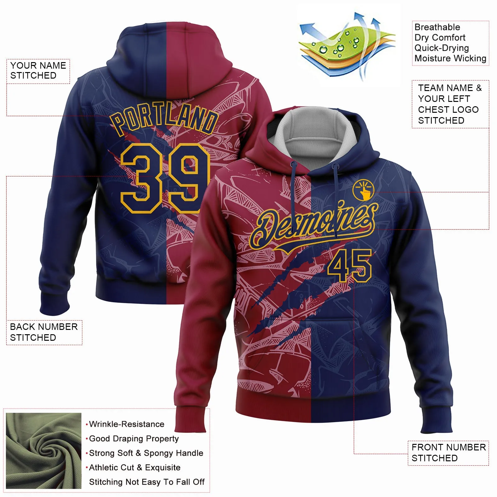 Custom Stitched Graffiti Pattern Navy Maroon-Gold 3D Scratch Sports Pullover Sweatshirt Hoodie