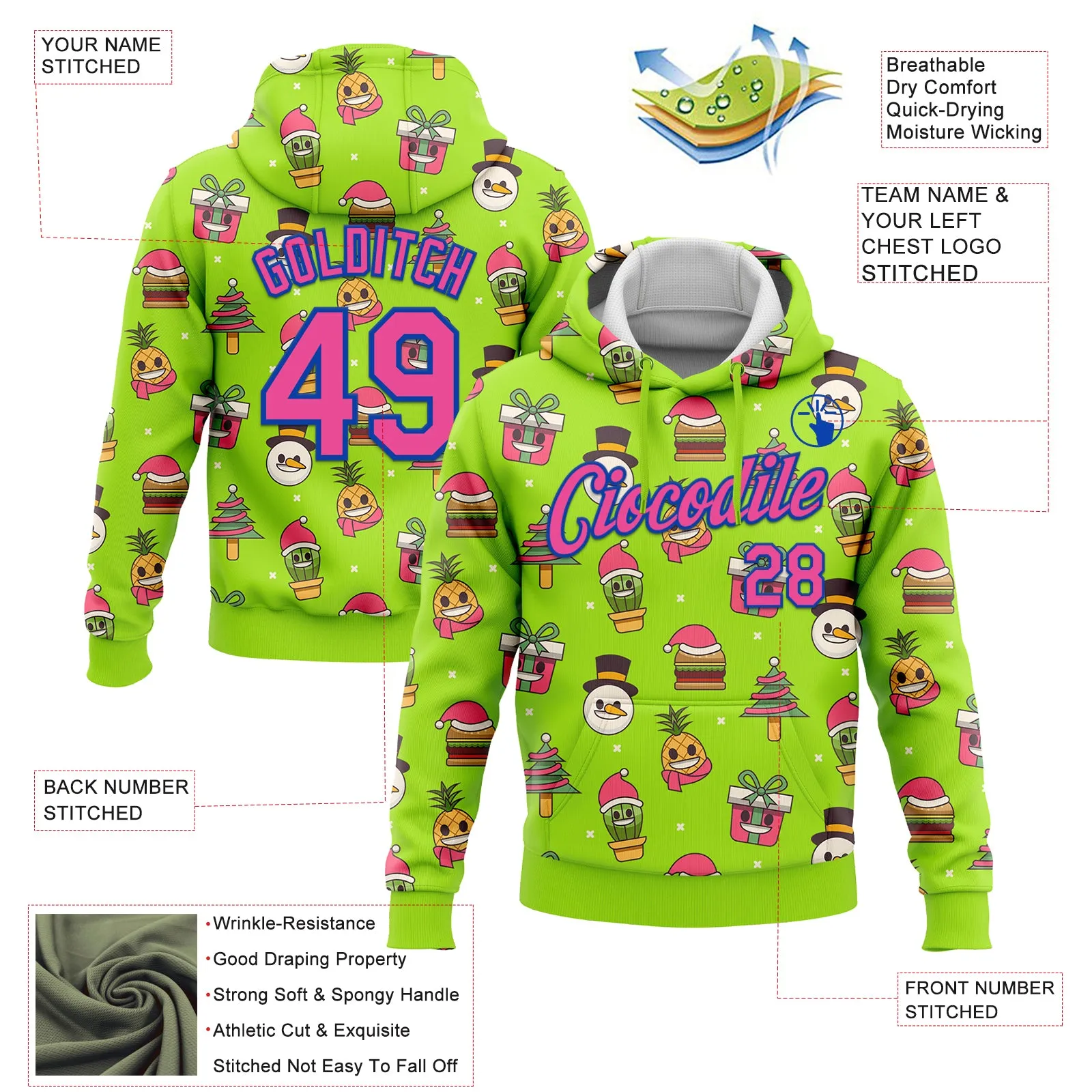 Custom Stitched Neon Green Pink-Thunder Blue Funny Christmas 3D Sports Pullover Sweatshirt Hoodie