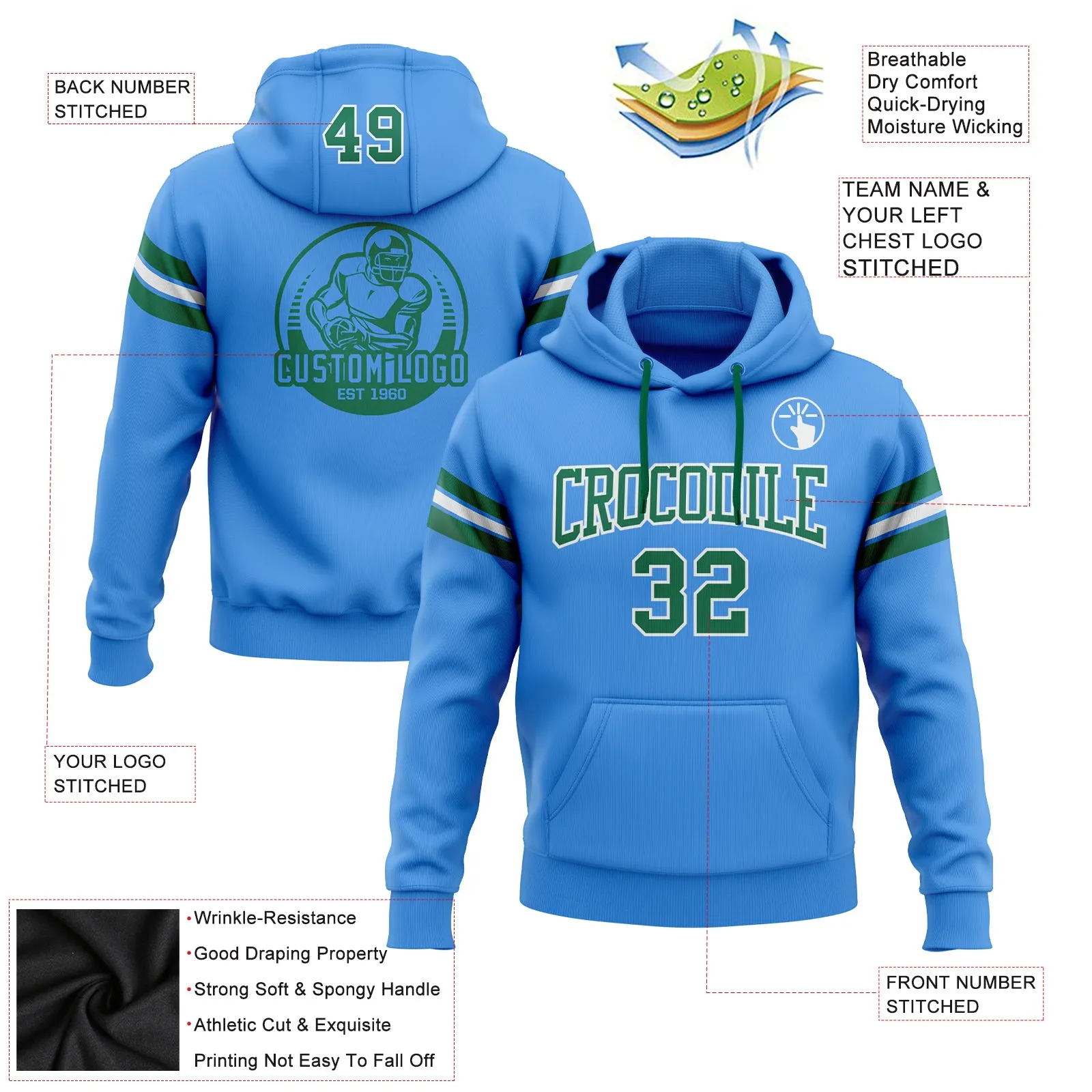 Custom Stitched Powder Blue Kelly Green-White Football Pullover Sweatshirt Hoodie