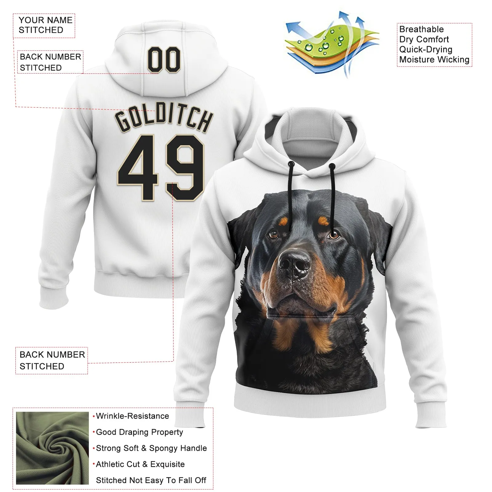 Custom Stitched White Black-Cream 3D Pattern Design Rottweiler Dog Sports Pullover Sweatshirt Hoodie