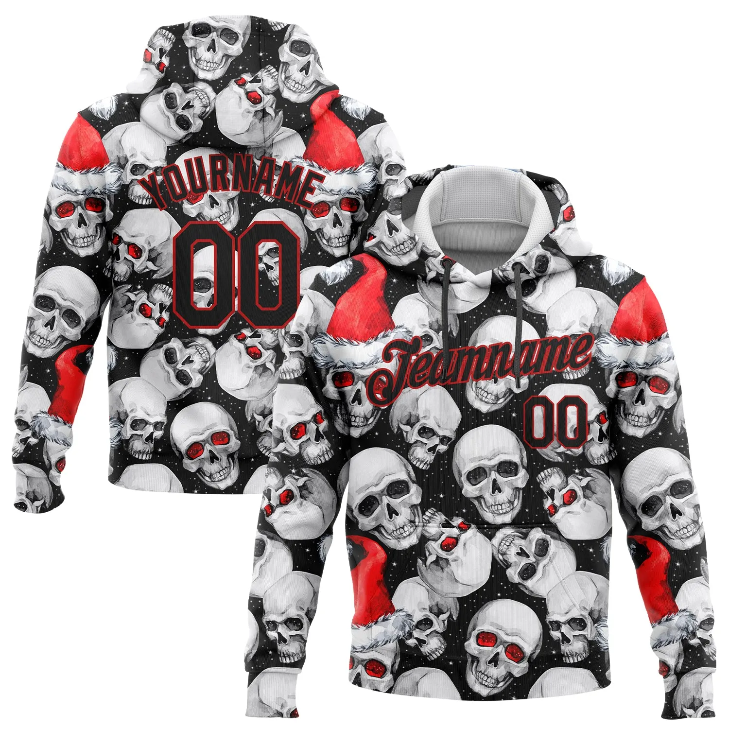 Custom Stitched White Black-Red 3D Skulls And Christmas Santa's Hat Sports Pullover Sweatshirt Hoodie