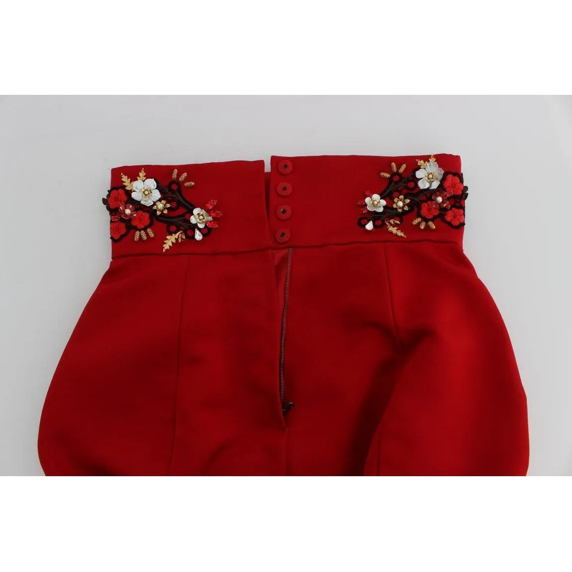 Dolce & Gabbana Red Silk Crystal-Embellished High Waist Shorts