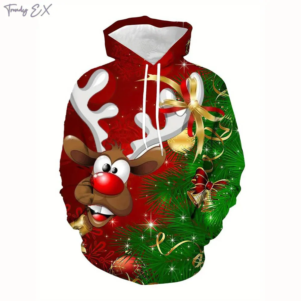 Elk And Santa Claus Printed Hoodie